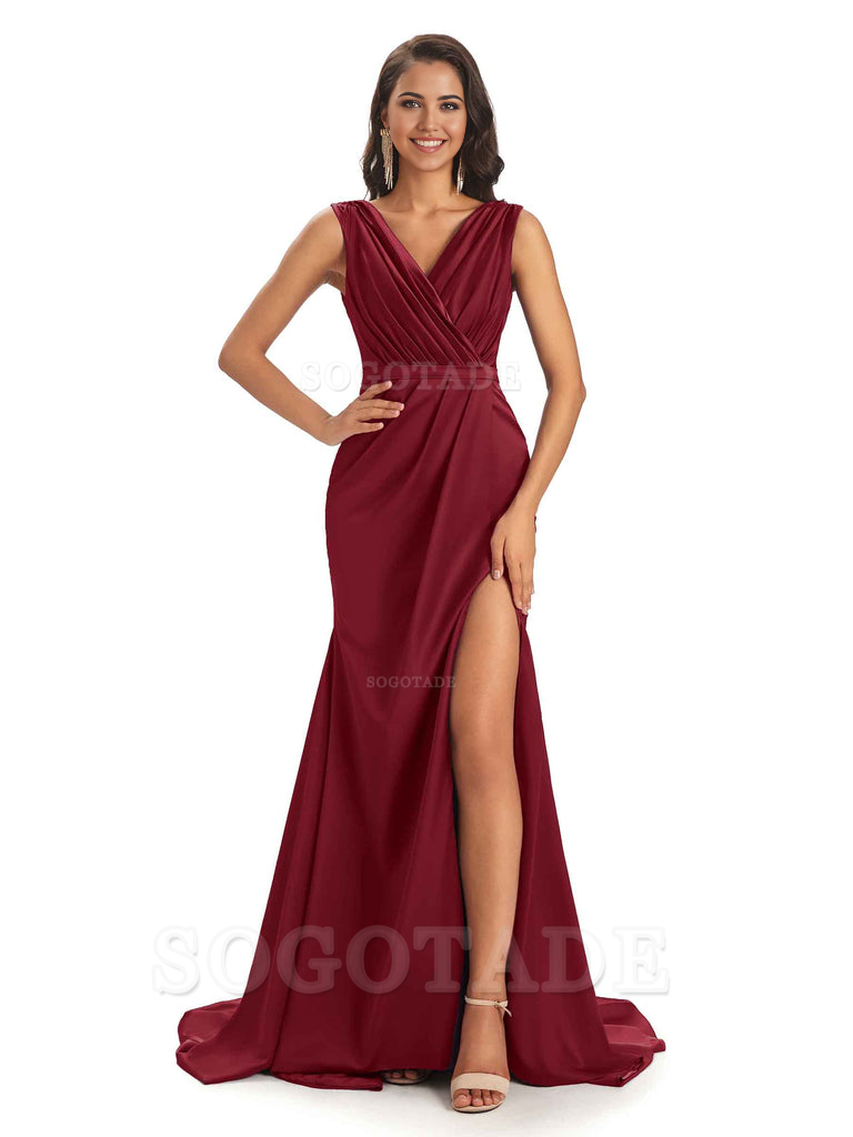 A-line V-neck Floor-Length Satin formal dresses evening gown Bridesmaid Dresses With Side Slit 