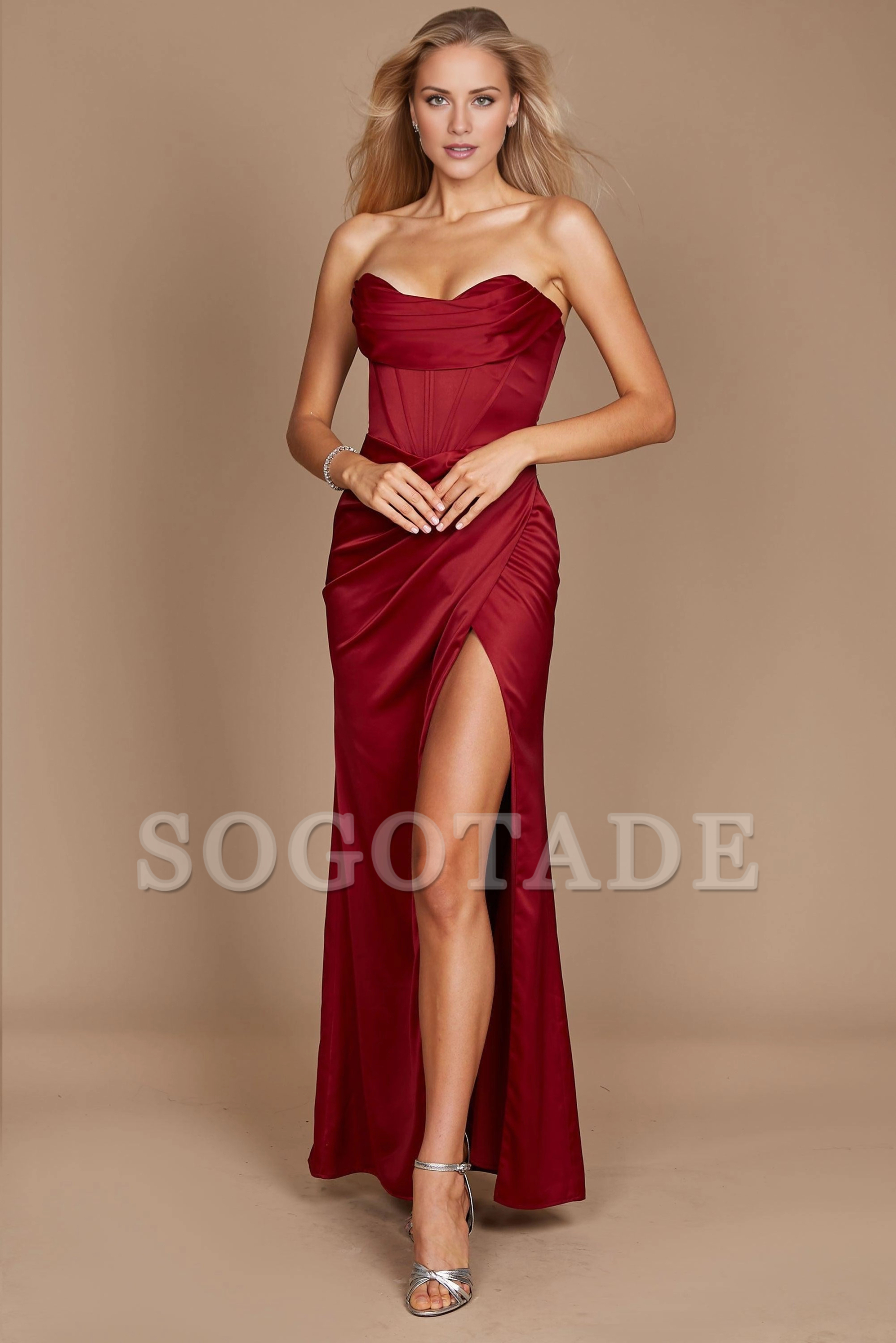 Women's Formal Dresses Elegant Long Prom Gowns Evening Dresses Floor Length Satin with Ruched Slit