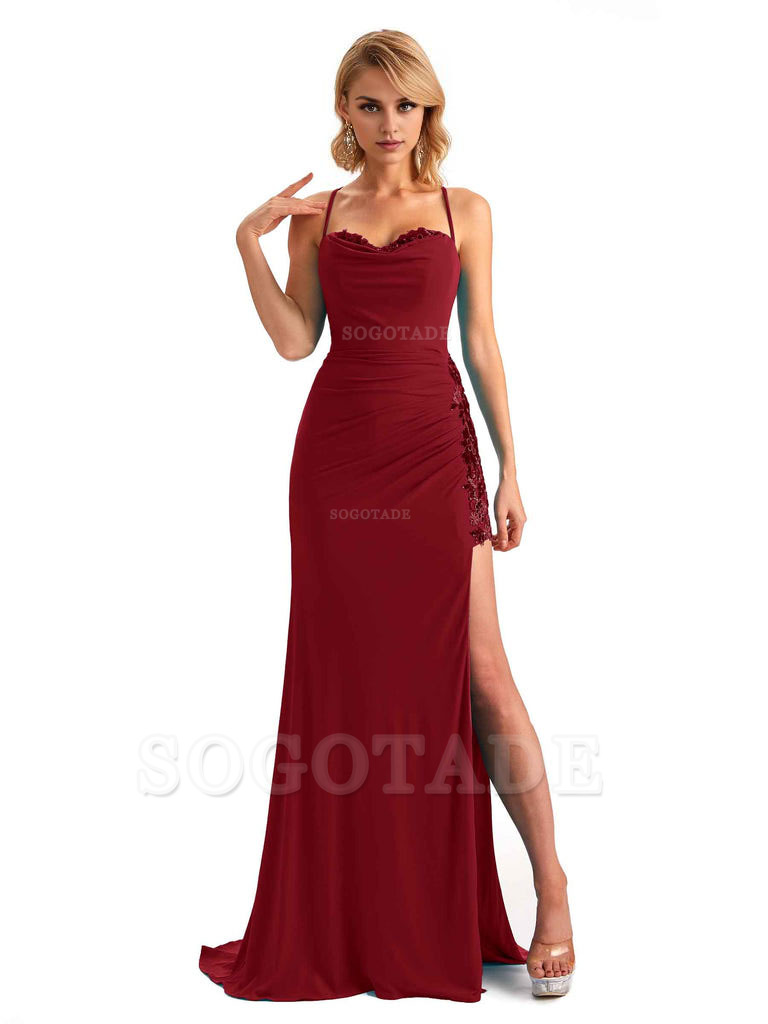 Mermaid Spaghetti Straps Side Slit Lace Stretchy Jersey Long Formal Bridesmaid Dresses