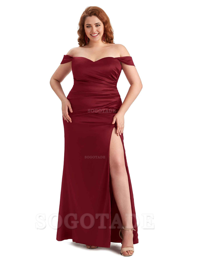 Sexy Off The Shoulder Sleeveless Side Slit Mermaid Soft Satin Long Plus Size Bridesmaid Dresses