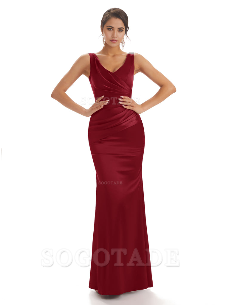 Sheath Sleeveless V-neck Floor-Length Satin formal dresses evening gown Bridesmaid Dresses With Pleats 