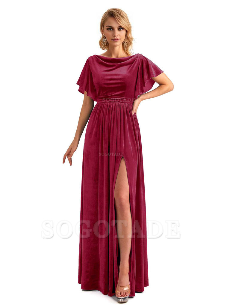 Elegant A-Line Jewel Bat Sleeves Velvet Side Slit Long Bridesmaid Dresses