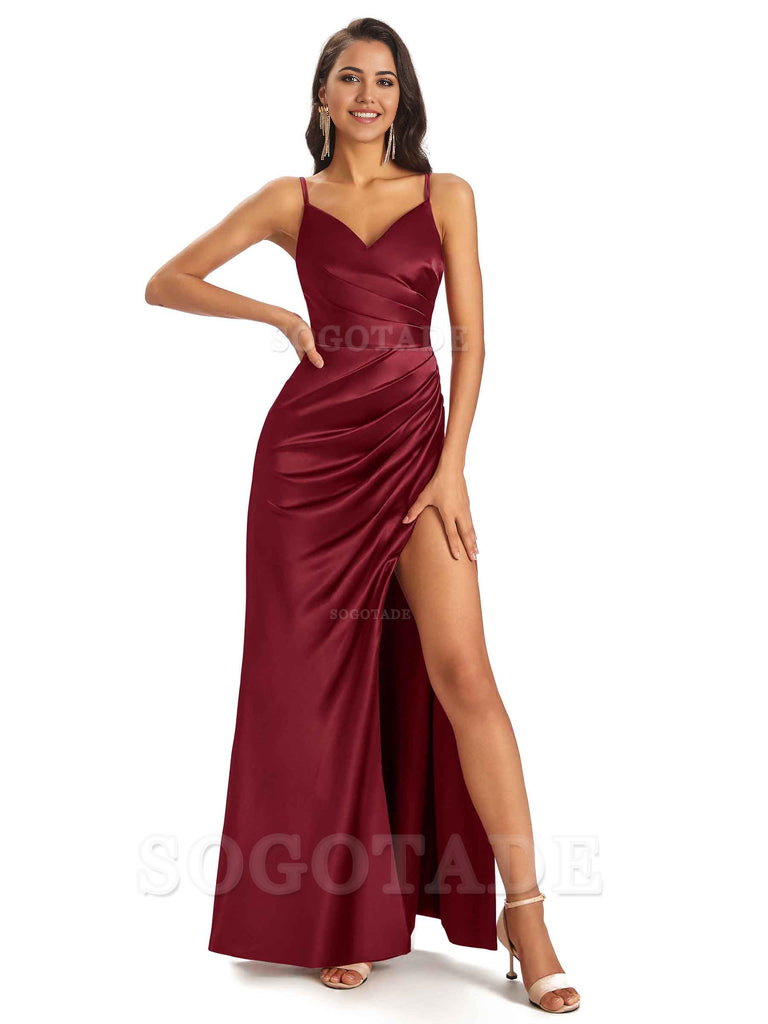 Sheath V-Neck Spaghetti Straps formal dresses evening gown Bridesmaid Dresses With Side Slit 