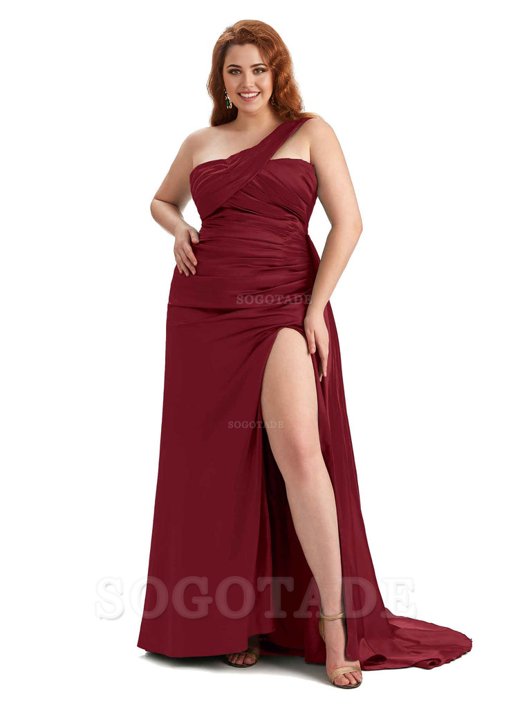  One Shoulder Sleeveless Sexy Side Hight Slit Mermaid Soft Satin Long Plus Size Bridesmaid Gowns