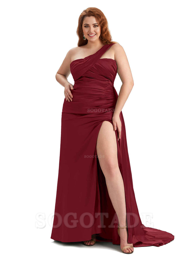  One Shoulder Sleeveless Sexy Side Hight Slit Mermaid Soft Satin Long Plus Size Bridesmaid Gowns