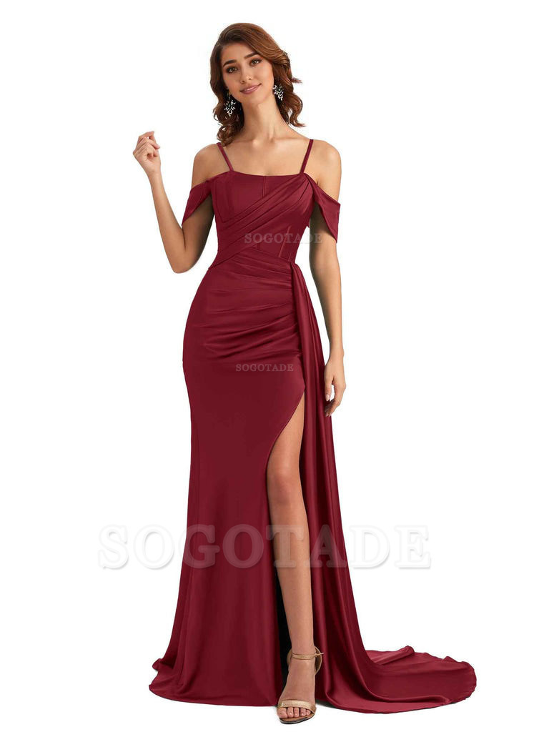 Sexy Side Slit Cold Shoulder Mermaid Satin Chic Long Wedding Guest Dresses