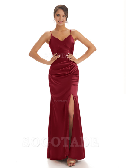Spaghetti Straps Pleats Satin formal dresses evening gown Bridesmaid Dresses With Side Slit 