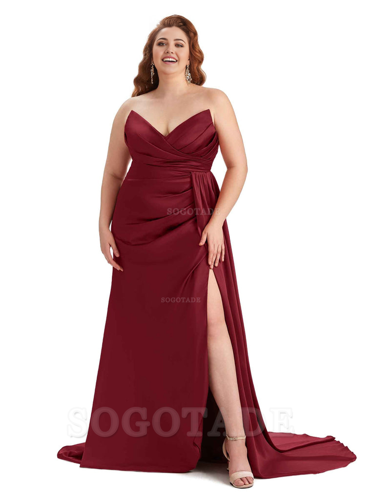 Sexy V-neck Side Slit Sleeveless Mermaid Soft Satin Long Plus Size Bridesmaid Gowns