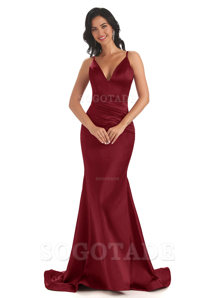 Mermaid Spaghetti V-Neck Straps Satin Long formal dresses evening gown Bridesmaid Dresses With Side Slit 