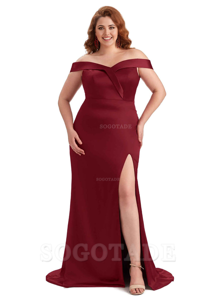 Elegant Off The Shoulder Sleeveless Side Slit Mermaid Soft Satin Long Plus Size Bridesmaid Gowns