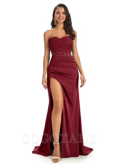 Mermaid Strapless Sweetheart Satin Long formal dresses evening gown Bridesmaid Dresses With Side Slit 