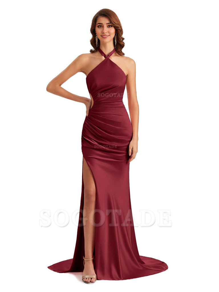 Sexy Halter Mermaid Silky Satin Unique Long Formal Wedding Guest Dresses