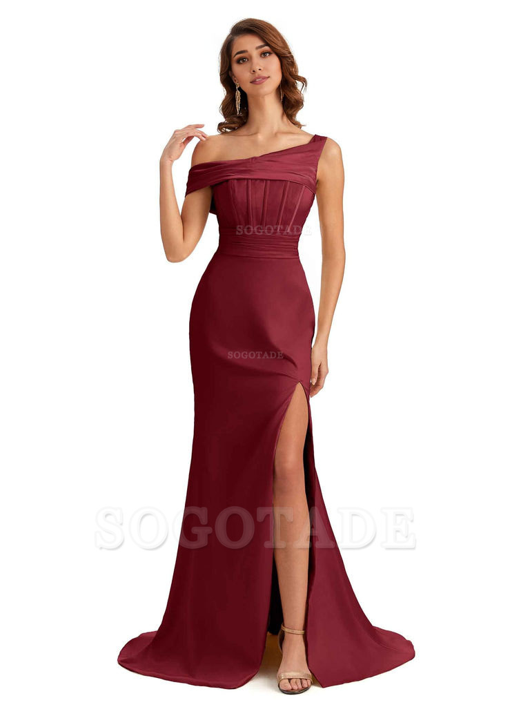 Elegant Asymmetrical Neck Soft Satin Side Slit Long Mermaid Bridesmaid Dresses