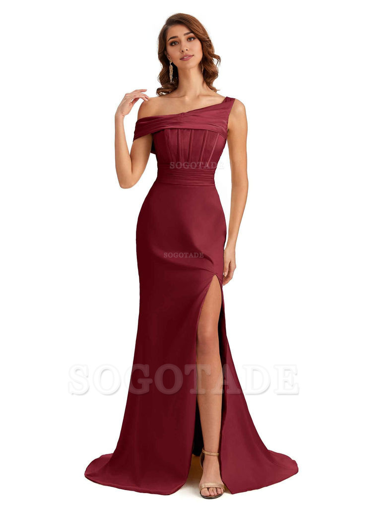 Elegant Asymmetrical Neck Soft Satin Side Slit Long Mermaid Bridesmaid Dresses