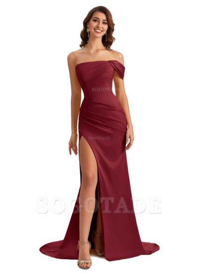 Unique One Shoulder Side Slit Satin Long Formal Dresses For Bridesmaid Dresses