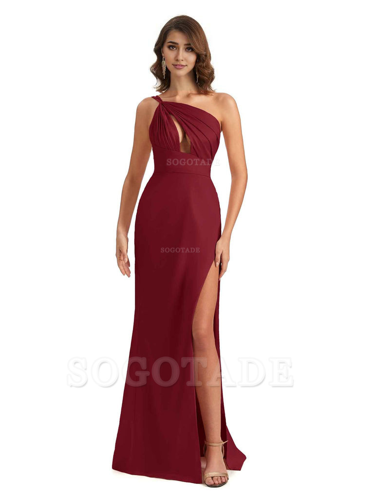 Sexy One Shoulder Silky Satin Unique Long Ladies Bridesmaid Dress For Wedding