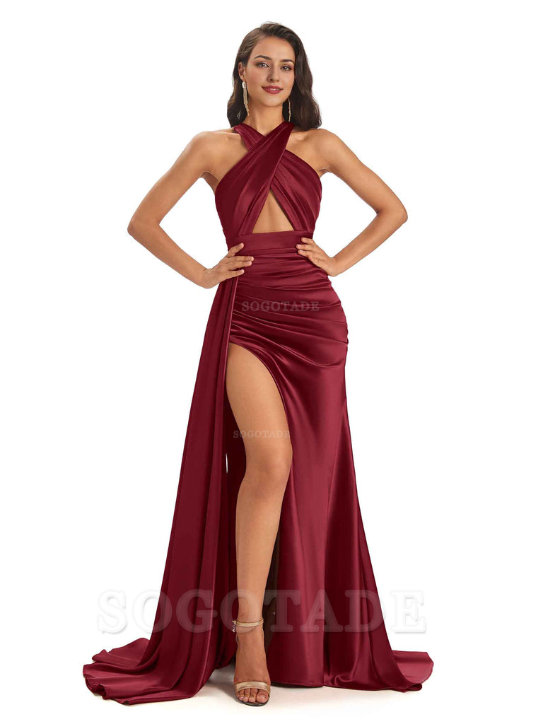 Sexy Soft Satin Halter Side Slit Floor-Length Maxi Mermaid Bridesmaid Dresses Online prom dress shop ﻿