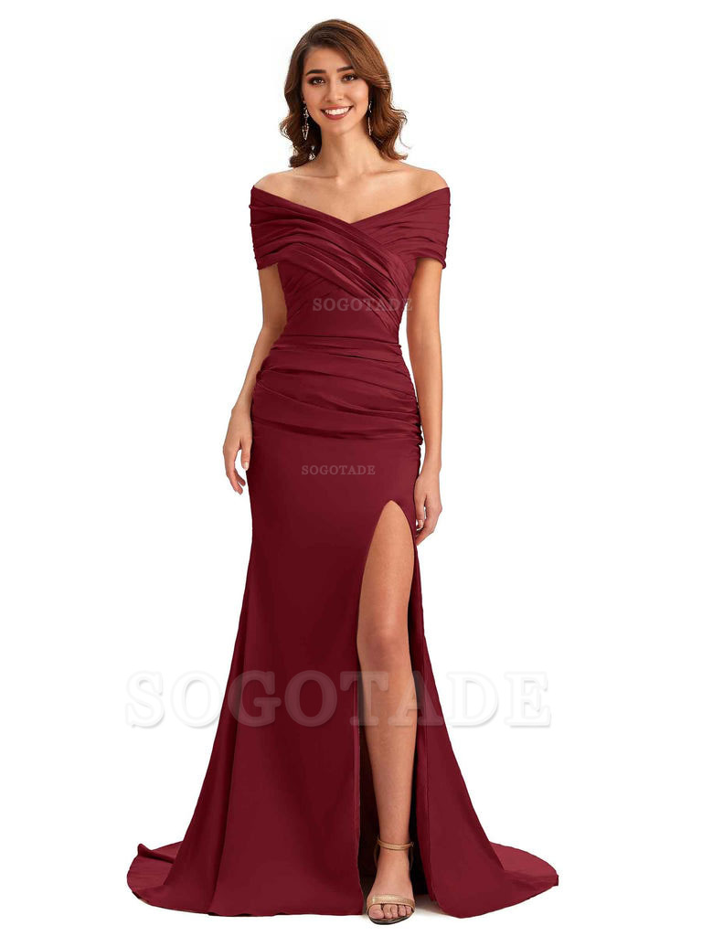 Sexy Off The Shoulder Side Slit Mermaid Satin Unique Long Formal Wedding Guest Dresses