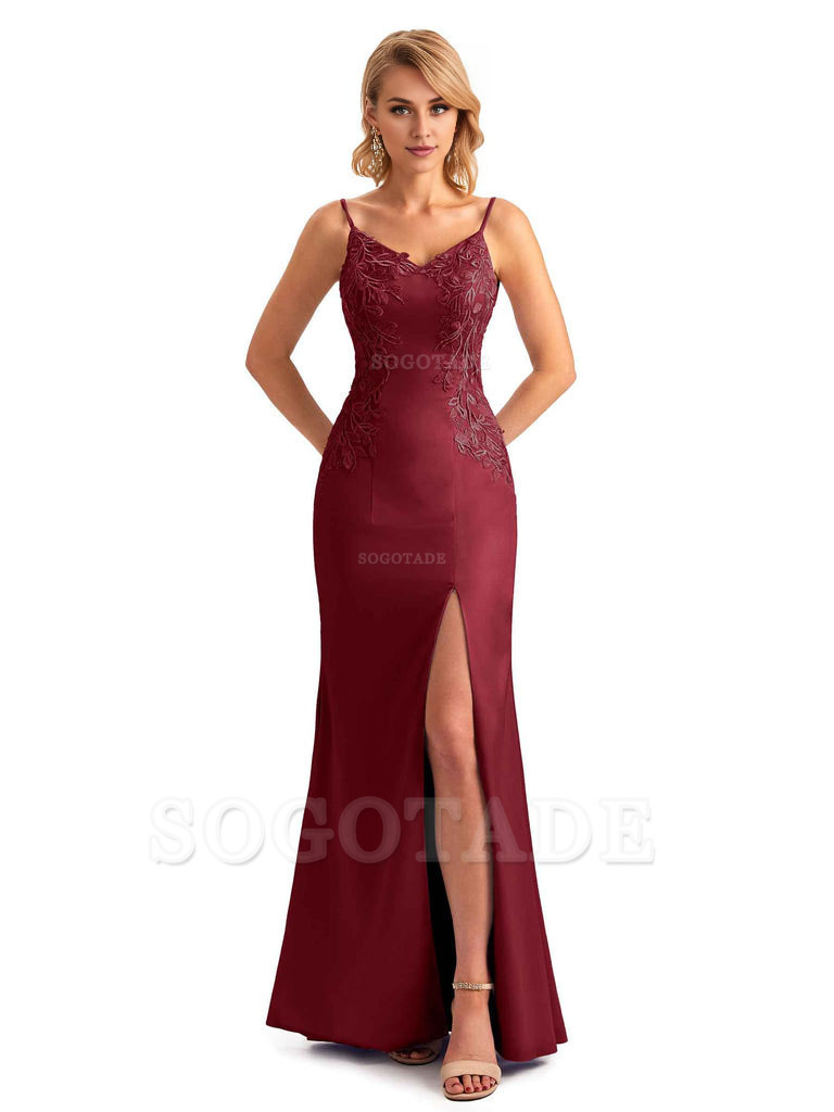Sexy Side Split Mermaid Spaghetti Straps Soft Satin Unique Lace Long Bridesmaid Dresses
