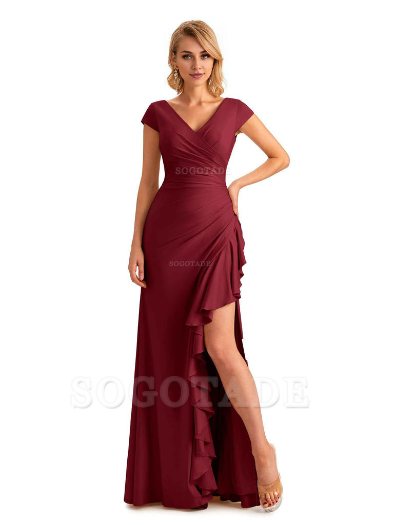 Sexy Side Slit Short Sleeves Mermaid Soft Satin Unique Long Maid Of Honor Dresses