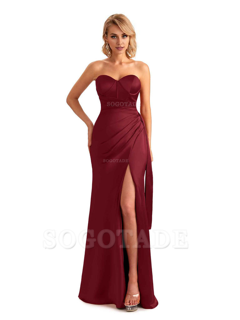 Sexy Side Slit Strapless Mermaid Soft Satin Unique Long Bridesmaid Dress For Wedding
