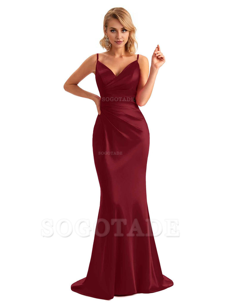  Sexy Backless Mermaid Spaghetti Straps Unique Long Formal Satin Dress For Women