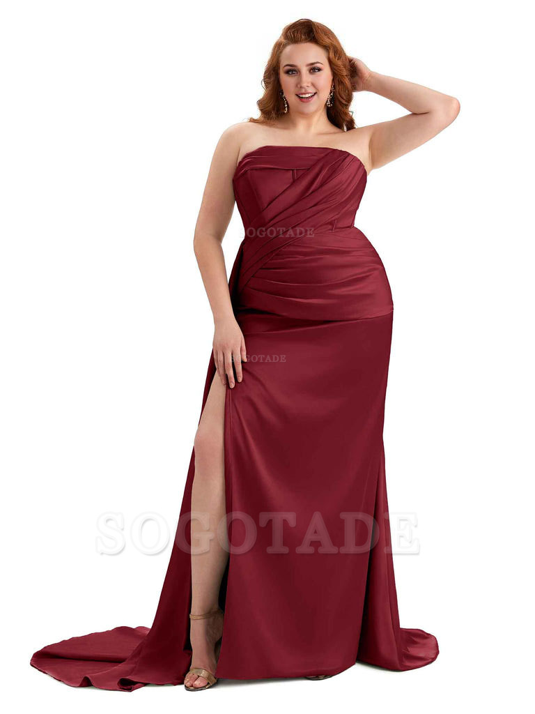 Sexy Side Slit Mermaid Soft Satin Formal Wedding Plus Size Bridesmaid Dresses