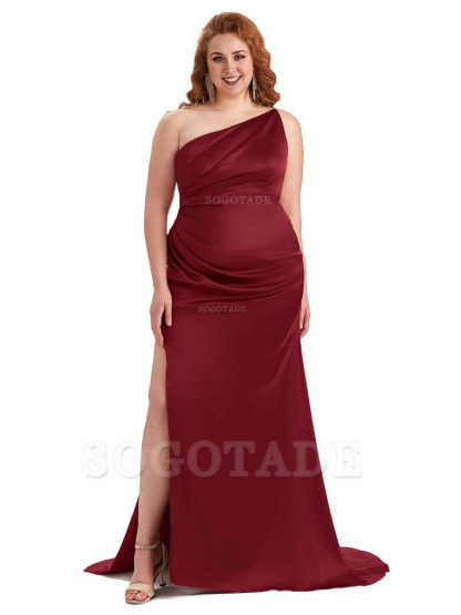 Sexy One Shoulder Side Slit Mermaid Soft Satin Long Plus Size Bridesmaid Dress For Wedding