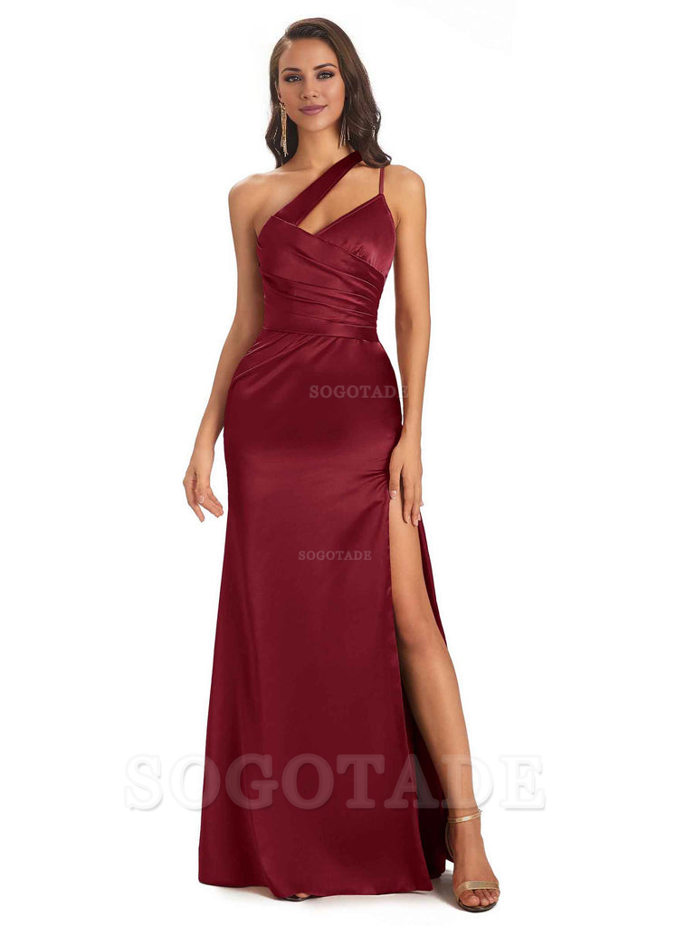 Elegant Soft Satin Side Slit One Shoulder Floor-Length Maxi Bridesmaid Dresses Evening Party Dress