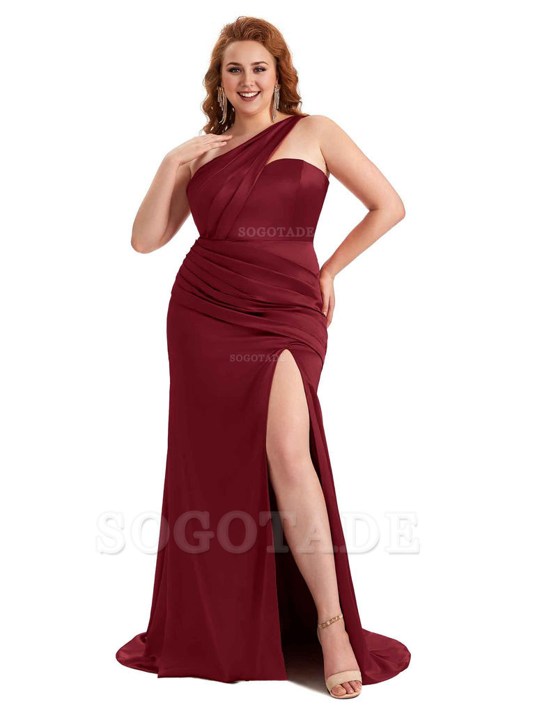 Sexy Side Slit One Shoulder Mermaid Soft Satin Long Plus Size Matron of Honor Dress For Wedding