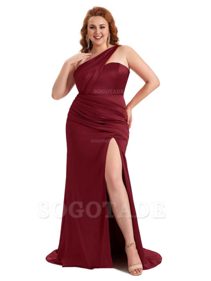 Sexy Side Slit One Shoulder Mermaid Soft Satin Long Plus Size Matron of Honor Dress For Wedding