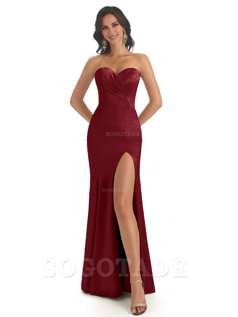 Simple Soft Satin Side Slit Sweetheart Long Mermaid Bridesmaid Dresses Elegant Evening Party Dress