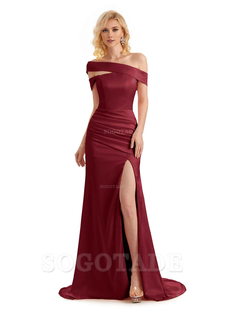 Elegant Asymmetrical Unique Soft Satin Side Slit Long Mermaid Bridesmaid Dresses Charming Evening Party Dress