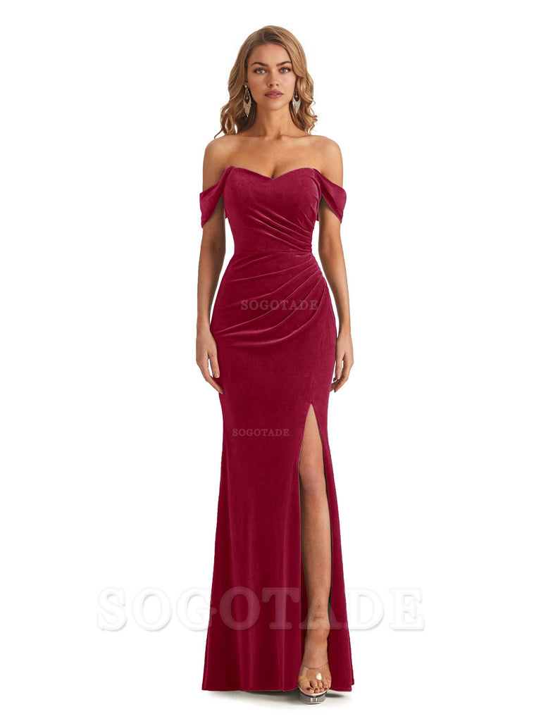 Elegant Mermaid Off Shoulder Pleats Velvet Side Slit Long Bridesmaid Dresses Evening Party Dress