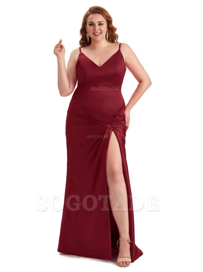 Sexy Spaghetti Straps V-neck Side Slit Mermaid Soft Satin Long Plus Size Bridesmaid Dress