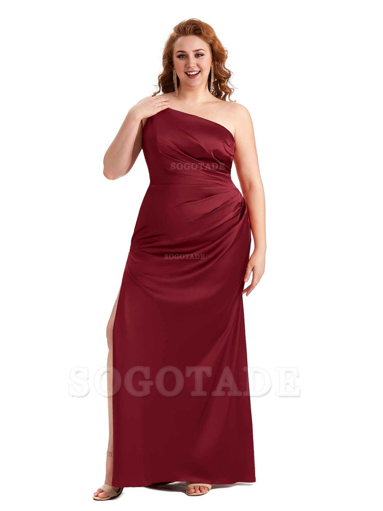 Sexy Side Slit One Shoulder Mermaid Soft Satin Long Plus Size Maid of Honour Dresses
