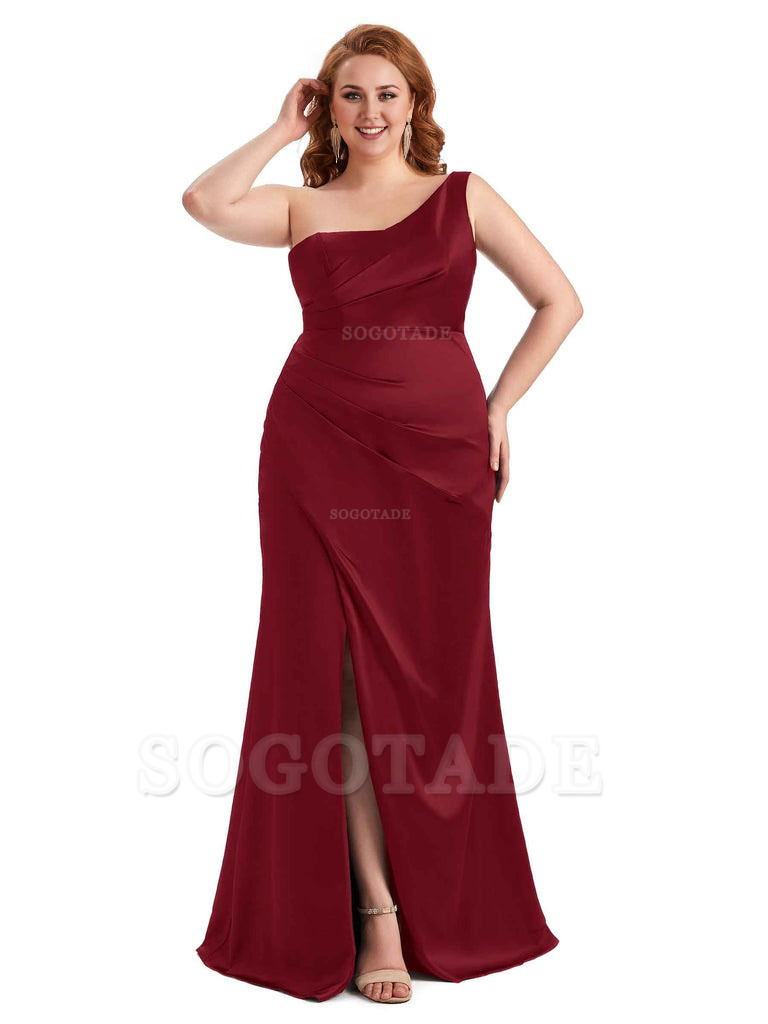 Sexy Side Slit One Shoulder Mermaid Long Plus Size Satin Maxi Dresses