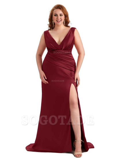 Elegant V-neck Side Slit Mermaid Soft Satin Long Plus Size Bridesmaid Dress For Wedding