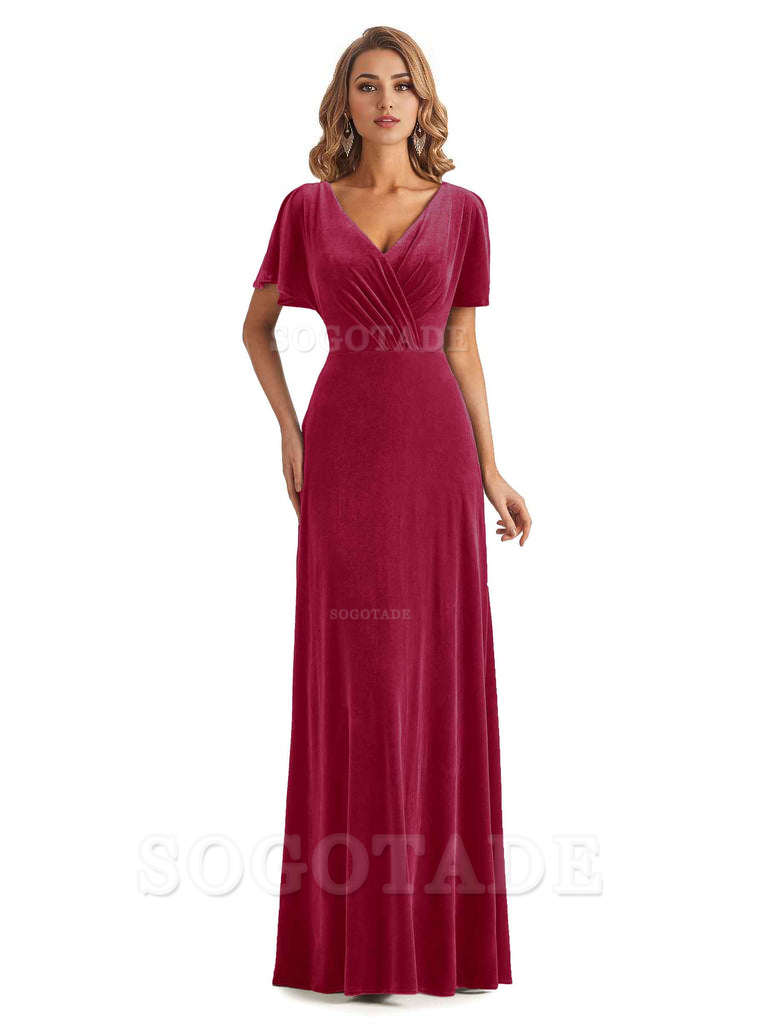 Elegant Mermaid V-neck Short Sleeves Unique Velvet Long Bridesmaid Dresses