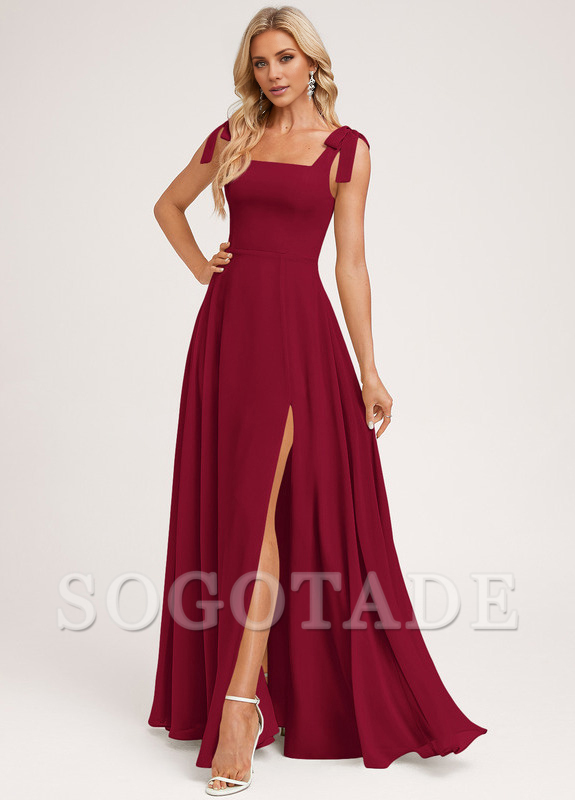 A-shaped square bow landing chiffon bridesmaid dress