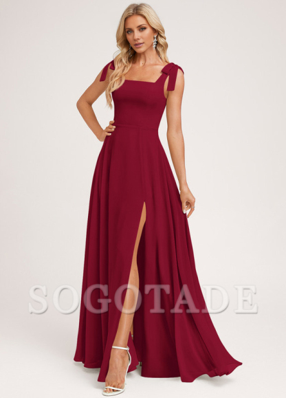 A-shaped square bow landing chiffon bridesmaid dress