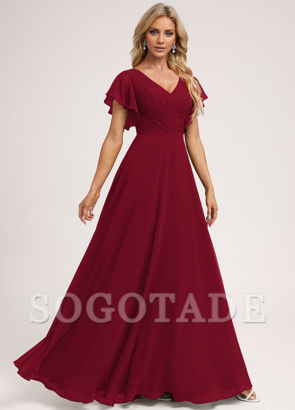 Ruffle A-line V-neck and floor chiffon bridesmaid dress