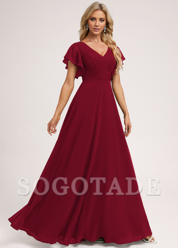 Ruffle A-line V-neck and floor chiffon bridesmaid dress