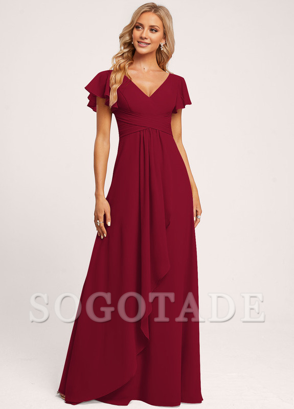 Ruffle A-line V-neck and floor chiffon bridesmaid dress