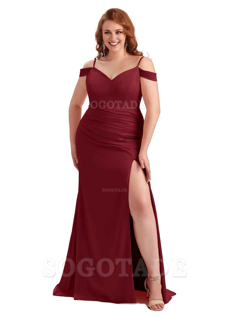 Sexy Side Slit Mermaid Cold Shoulder Soft Satin Long Plus Size Bridesmaid Dresses Online