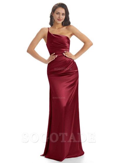 Sexy Soft Satin One Shoulder Side Slit Mermaid Long Bridesmaid Dresses prom dress shop ﻿