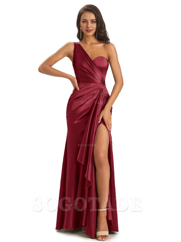Elegant Soft Satin Side Slit One Shoulder Unique Mermaid Bridesmaid Dresses Online prom dresses shops