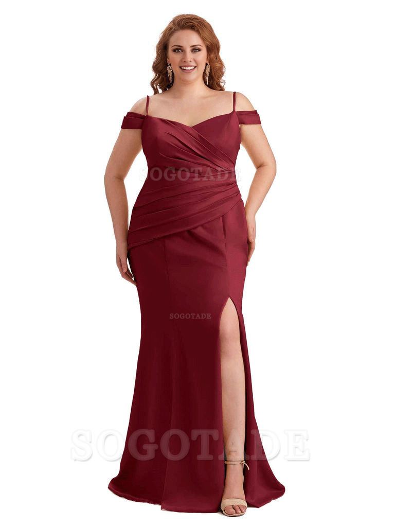 Elegant Cold Shoulder Side Slit Mermaid Soft Satin Long Plus Size Bridesmaid Gowns