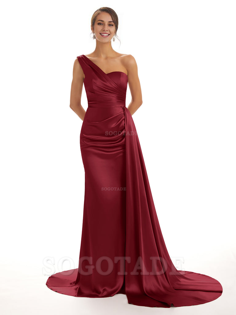 Elegant One Shoulder Soft Satin Unique Mermaid Long Bridesmaid Dresses Online prom dresses shops