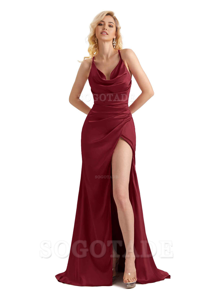 Sheath Cowl Neck Satin formal dresses evening gown Bridesmaid Dresses With Side Slit 